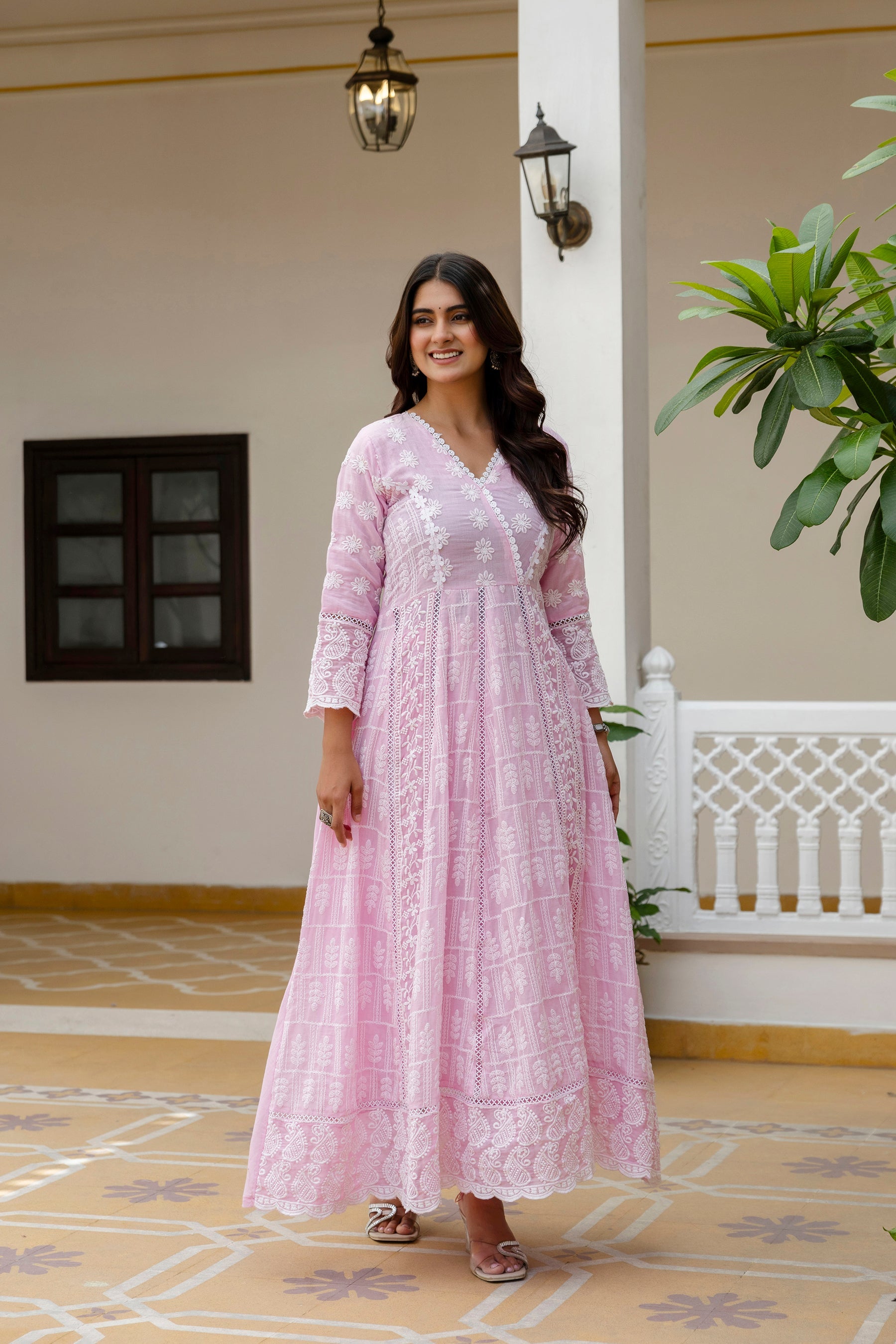 Pink Mal Cotton Lakhnowi Work Gown Pant Set with Dupatta