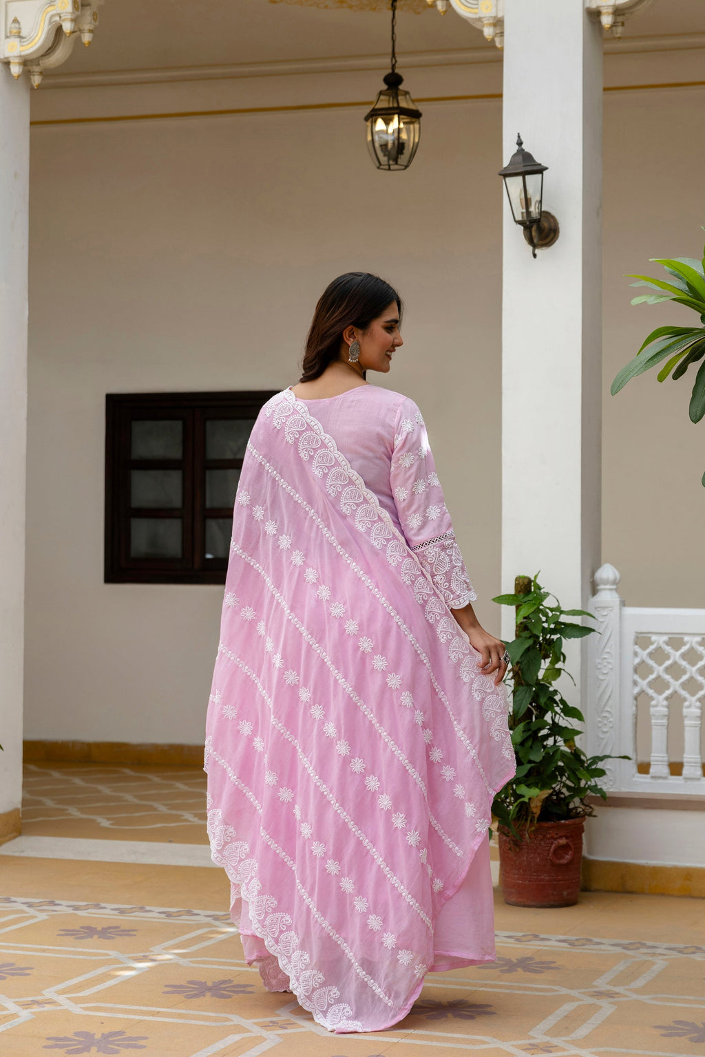 Pink Mal Cotton Lakhnowi Work Gown Pant Set with Dupatta