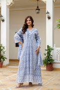 Skyblue Mal Cotton Gown Set with Lakhnowi Work and Dupatta
