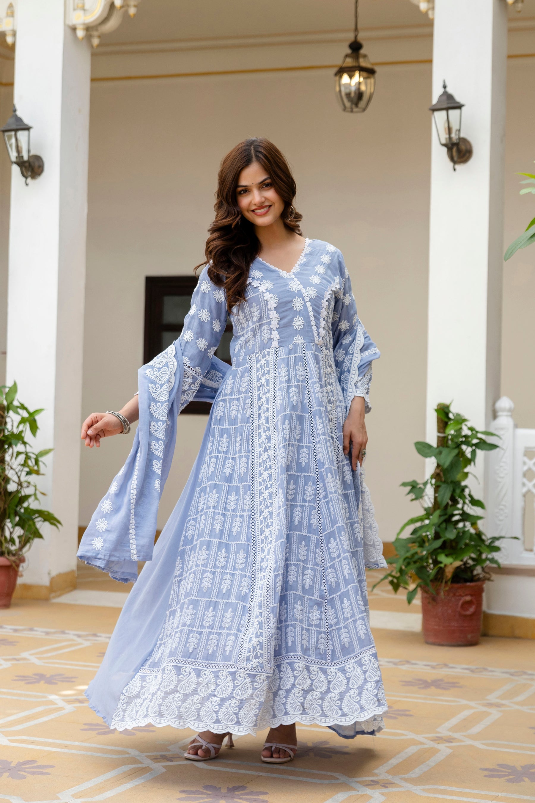 Skyblue Mal Cotton Gown Set with Lakhnowi Work and Dupatta