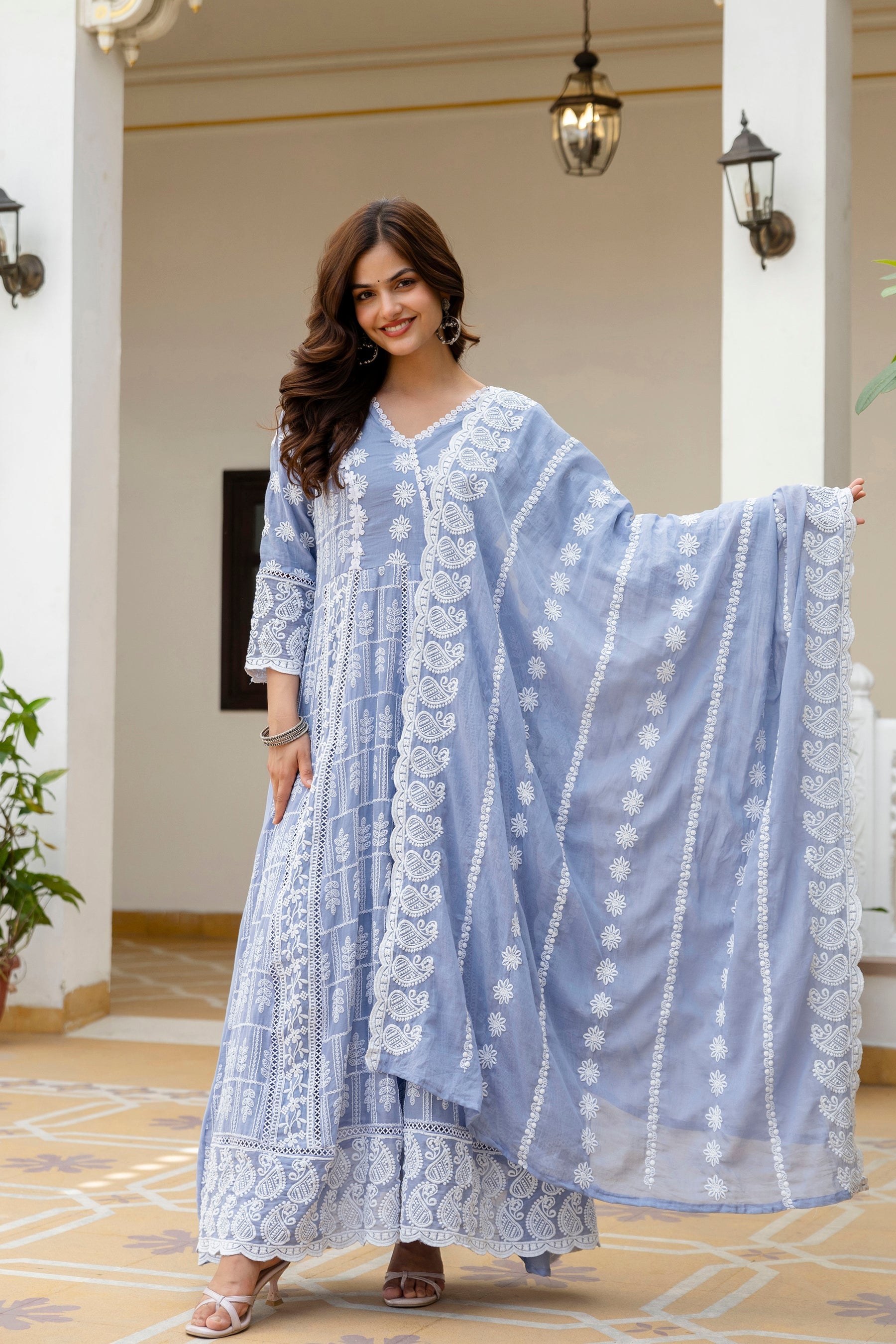 Elegant skyblue gown set made from soft Mal Cotton with detailed Lakhnowi embroidery and matching dupatta.