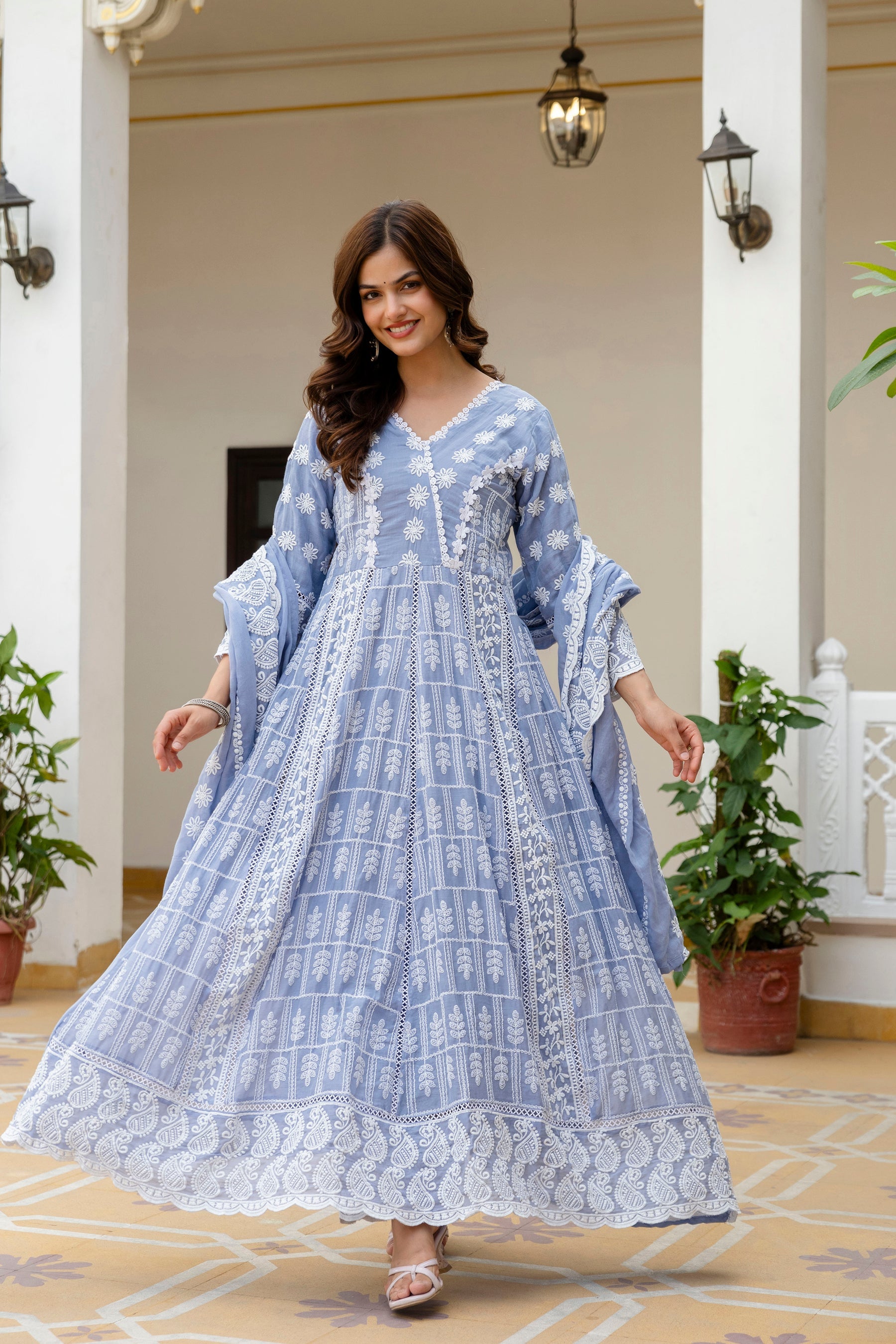 Skyblue Mal Cotton Gown Set with Lakhnowi Work and Dupatta