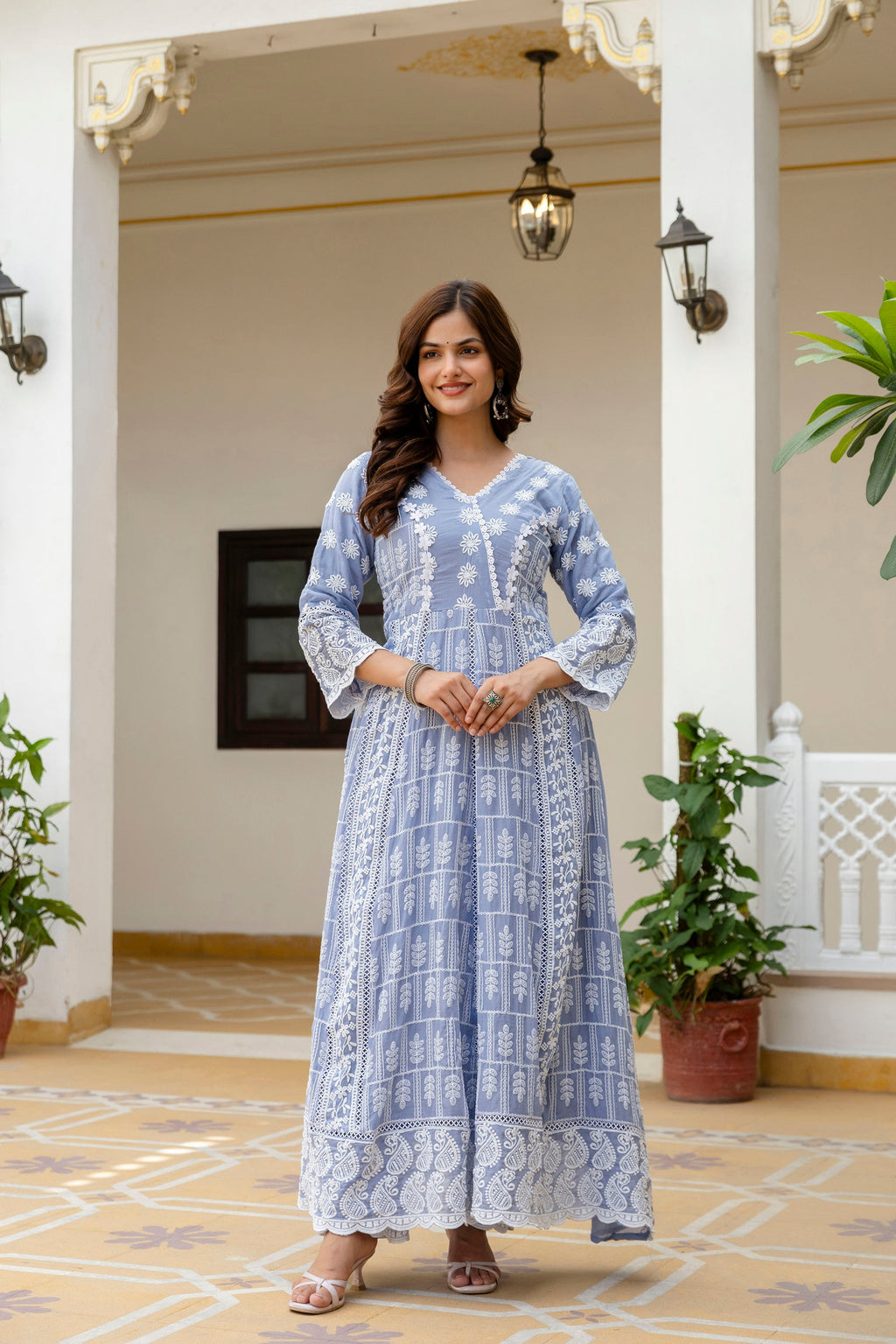 Skyblue Mal Cotton Gown Set with Lakhnowi Work and Dupatta