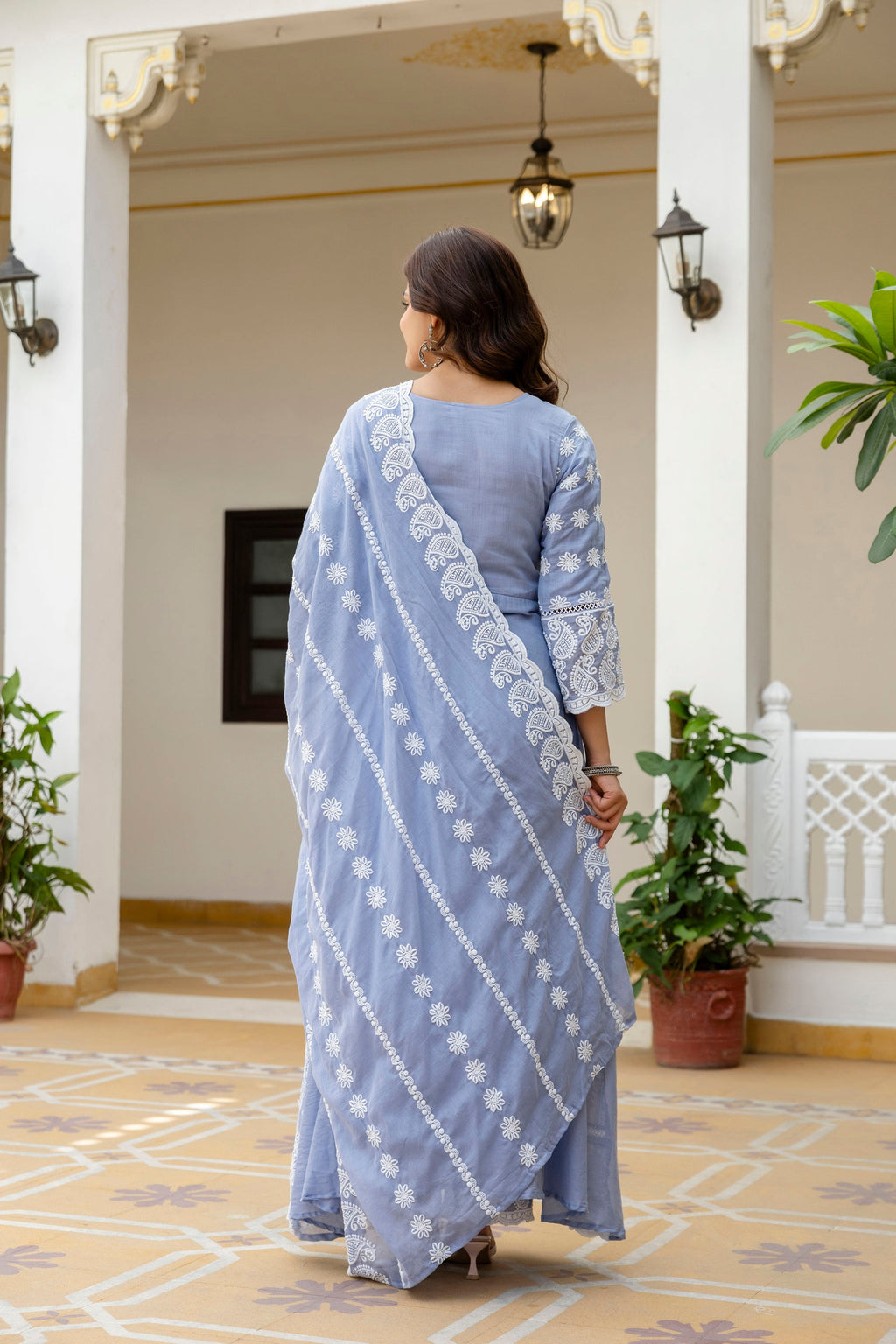 Skyblue Mal Cotton Gown Set with Lakhnowi Work and Dupatta