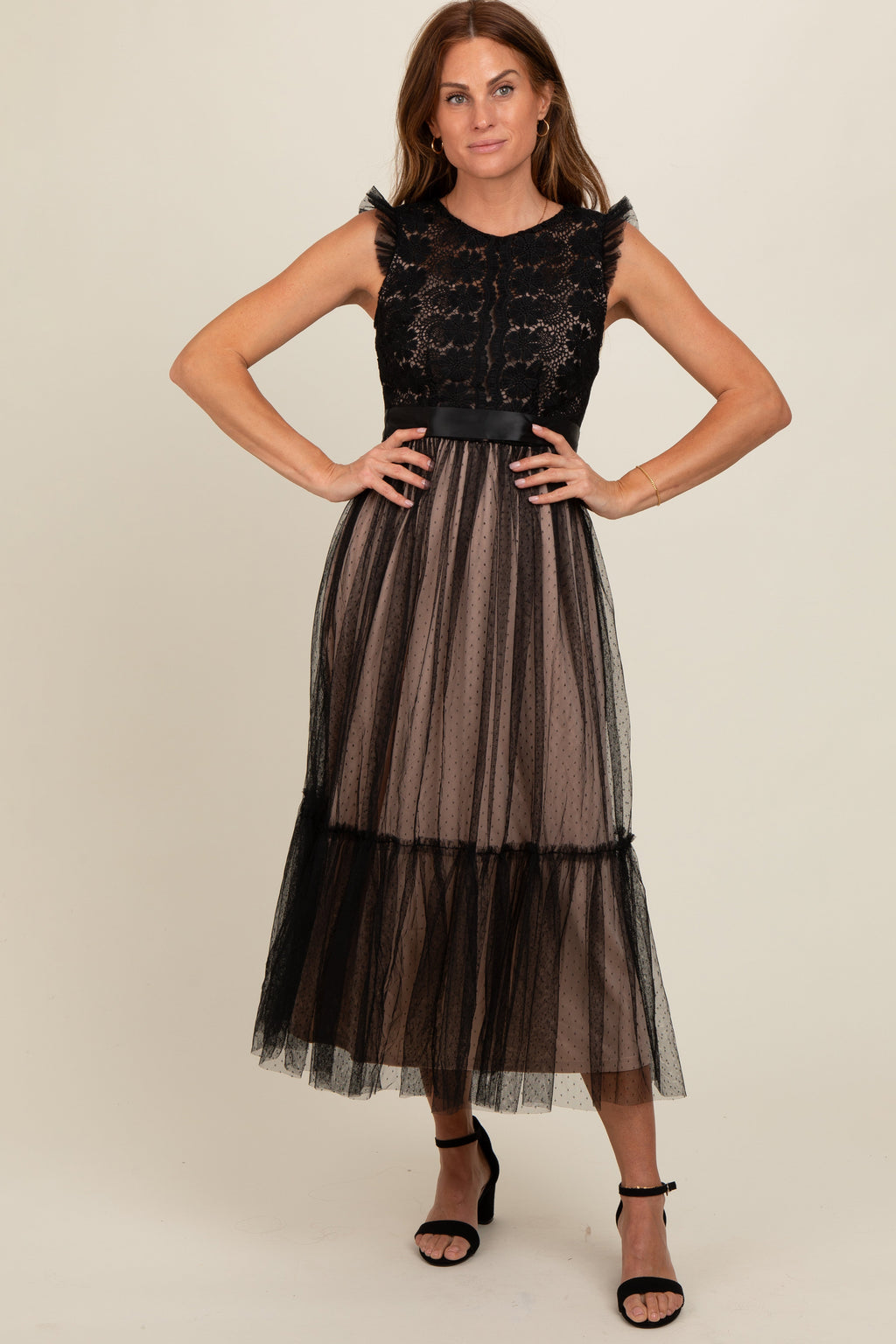 Black Lace Contrast Tulle Maxi Dress with Ruffle Sleeves