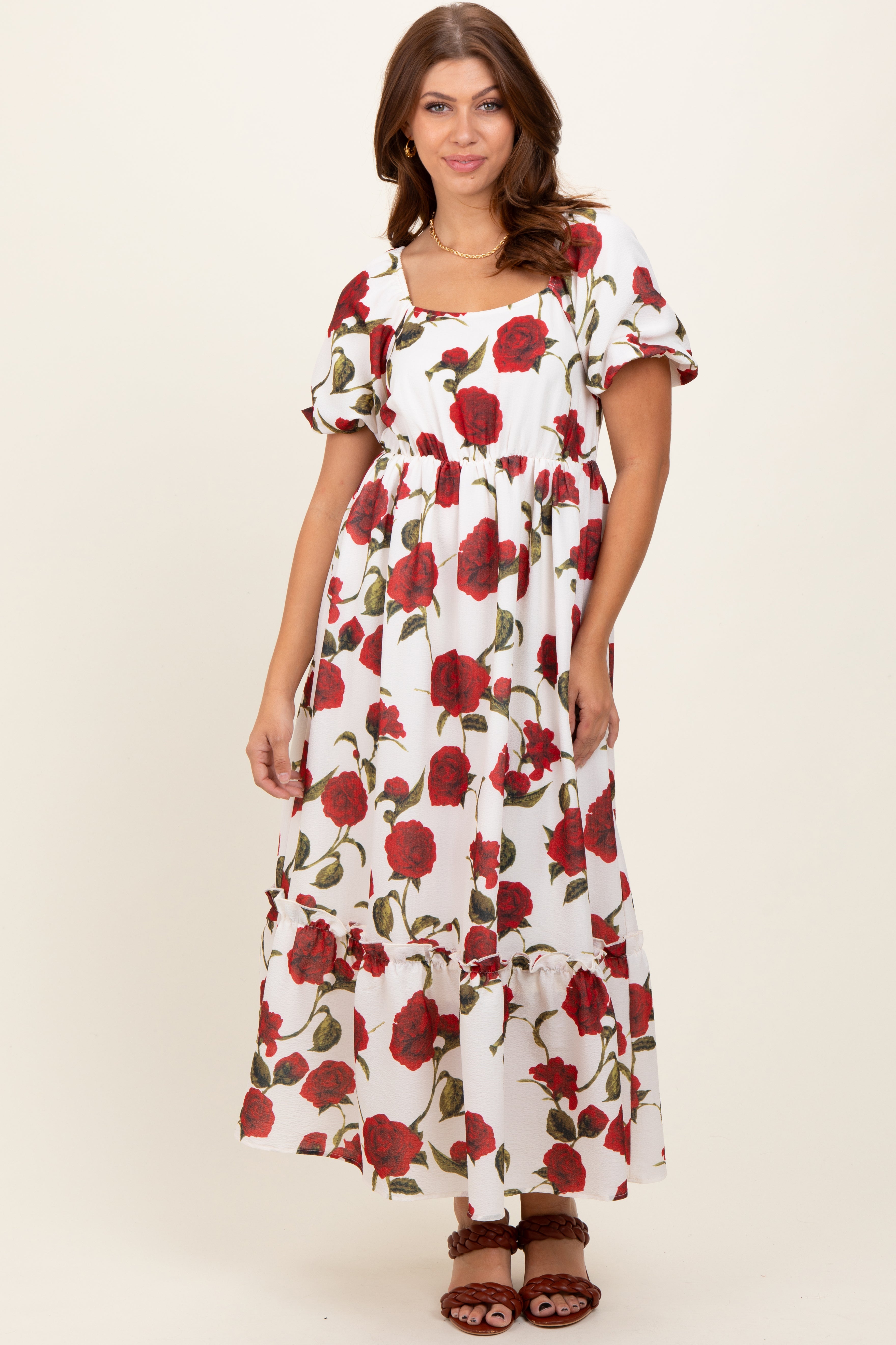 Cream Floral Square Neck Short Puff Sleeve Midi Dress