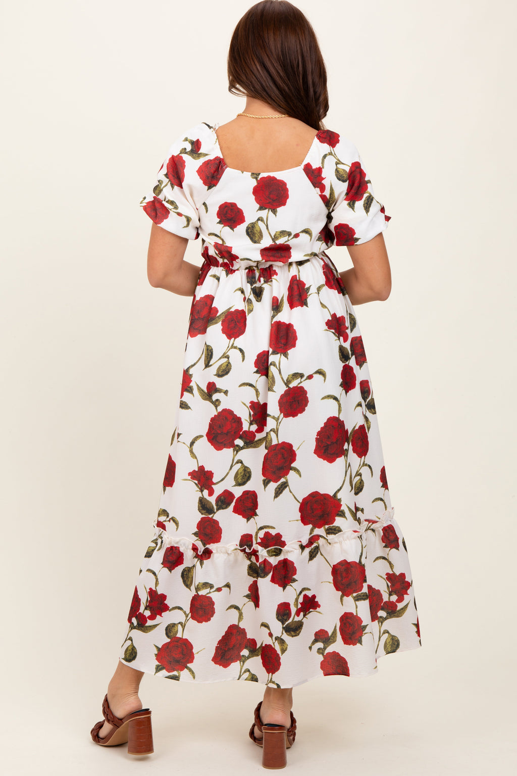 Cream Floral Square Neck Short Puff Sleeve Midi Dress
