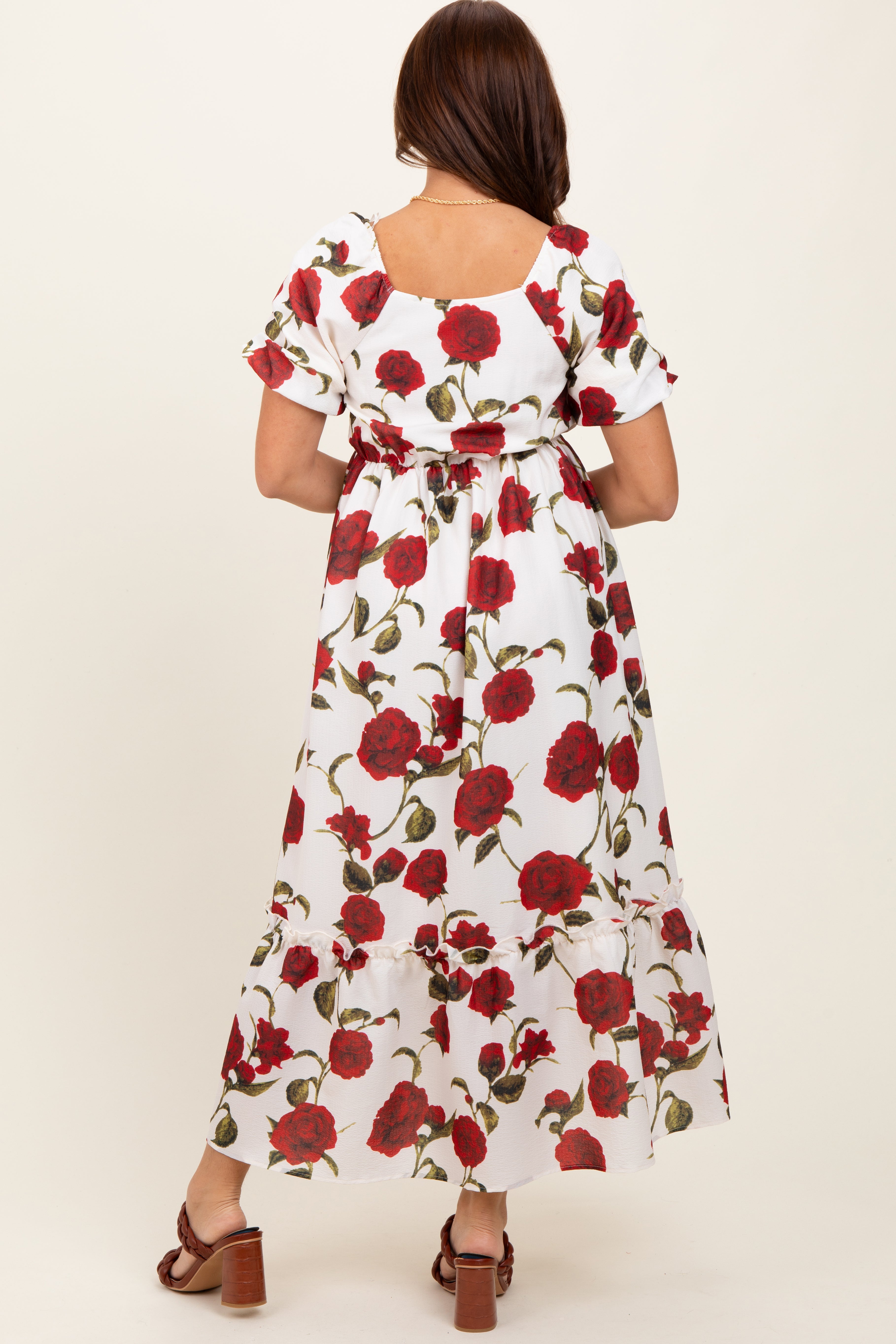 Cream Floral Square Neck Short Puff Sleeve Midi Dress