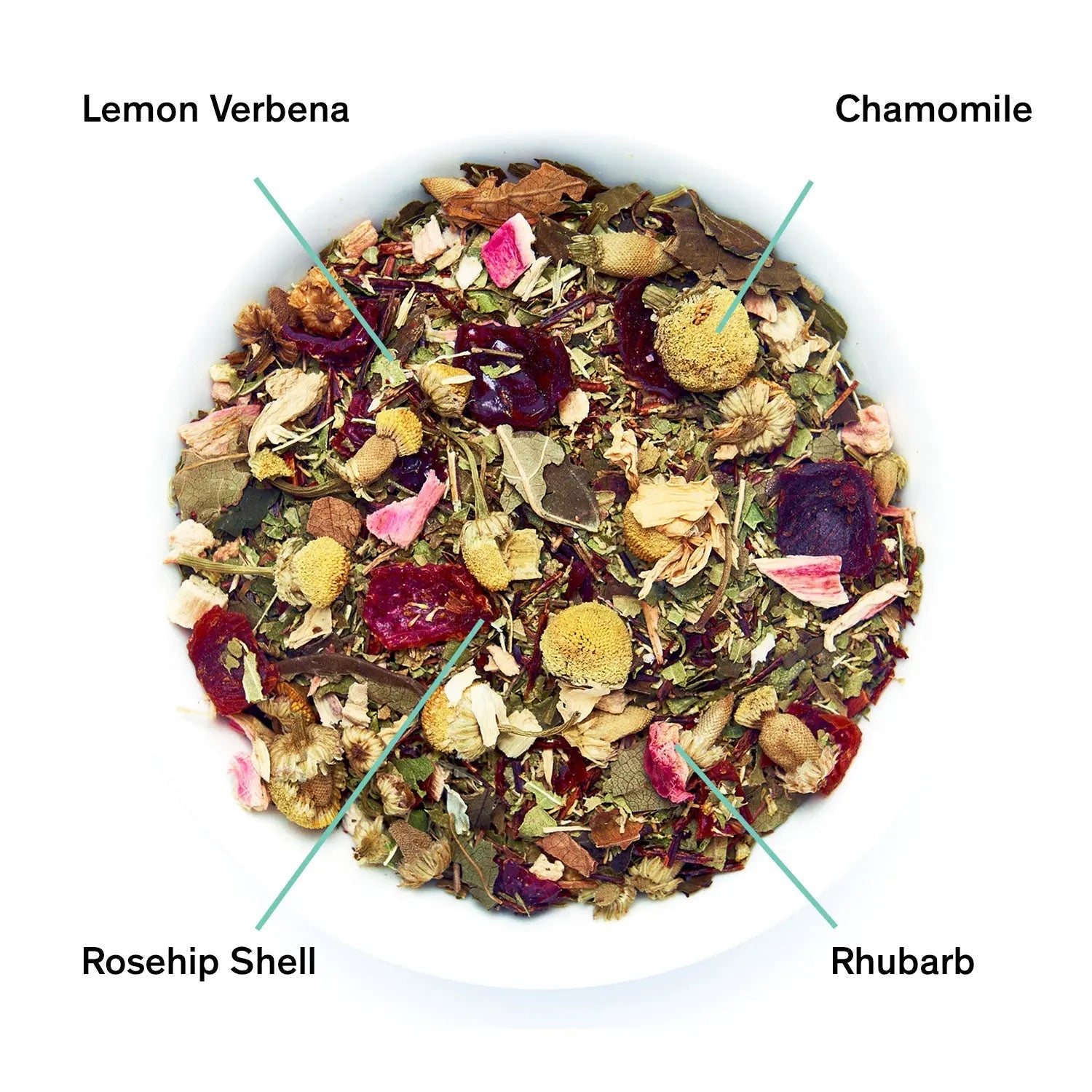 A close-up view of Days of Heaven tea leaves showing dried chamomile flowers, rhubarb bits, and lemon verbena, next to its black packaging.