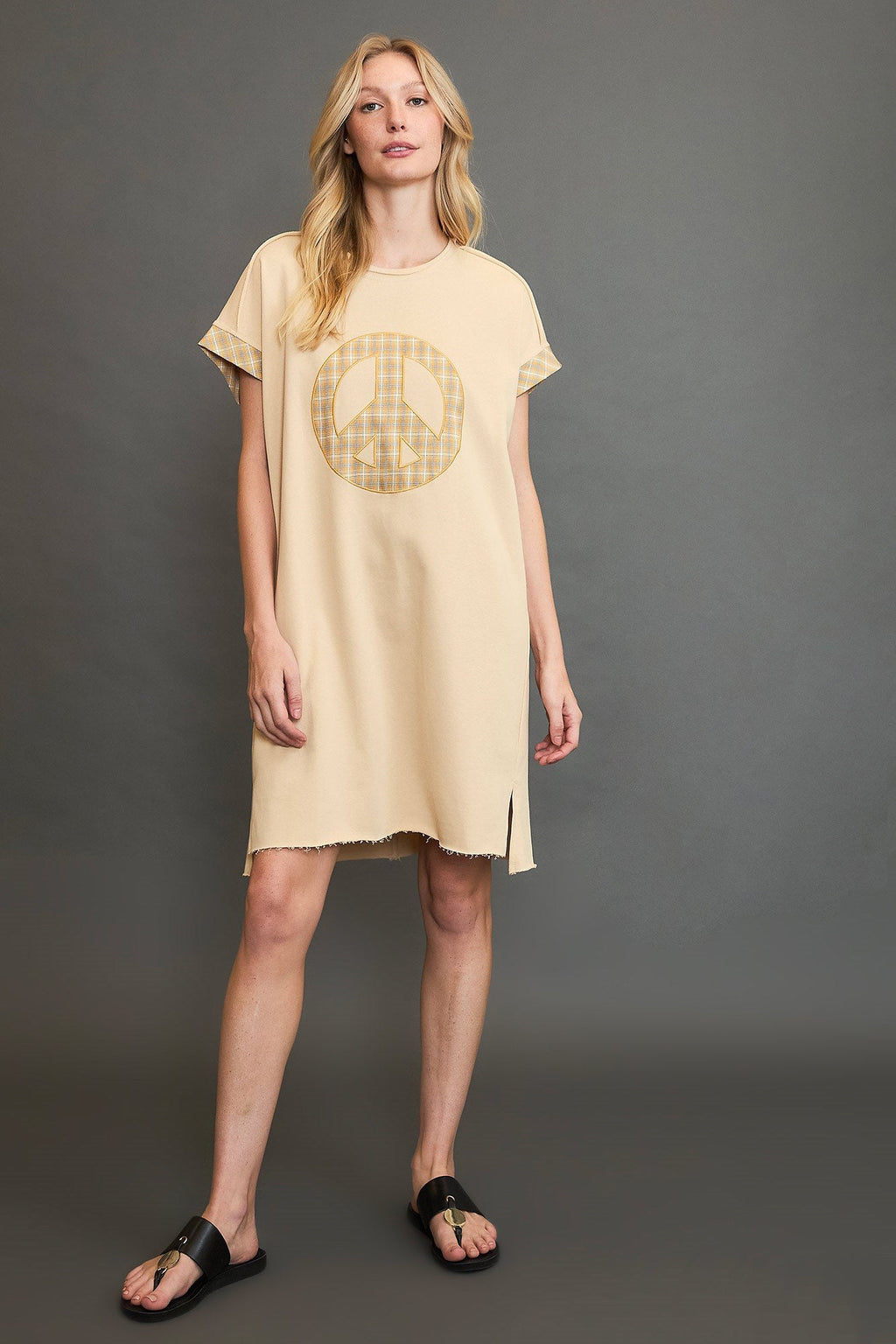 Plaid Applique Short Sleeve Mini Dress with High-Low Hem