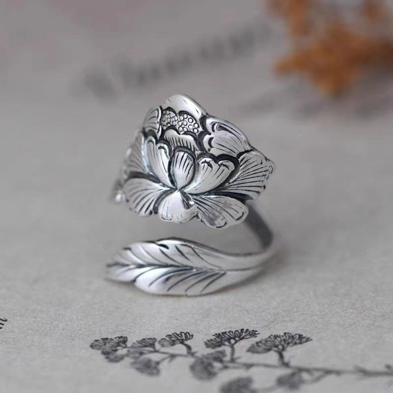 Vintage Thai Silver Tone Alloy Open Ring For Women, Enamel Peony Lotus Flower Ethnic Style Adjustable Finger Jewelry
