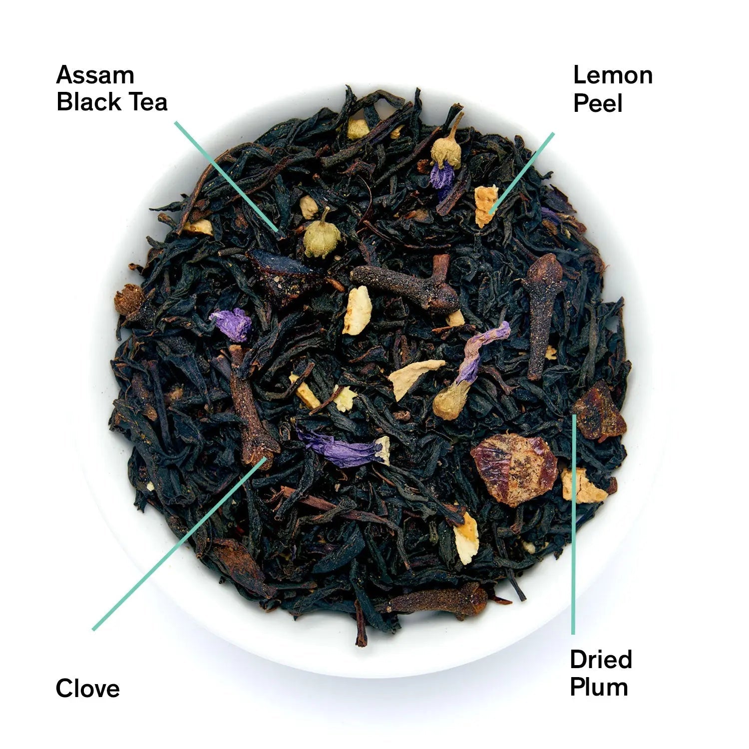 A close-up of Metropolitan loose leaf tea blend showing dark tea leaves mixed with dried plum pieces, clove buds, lemon peel, and purple flowers.