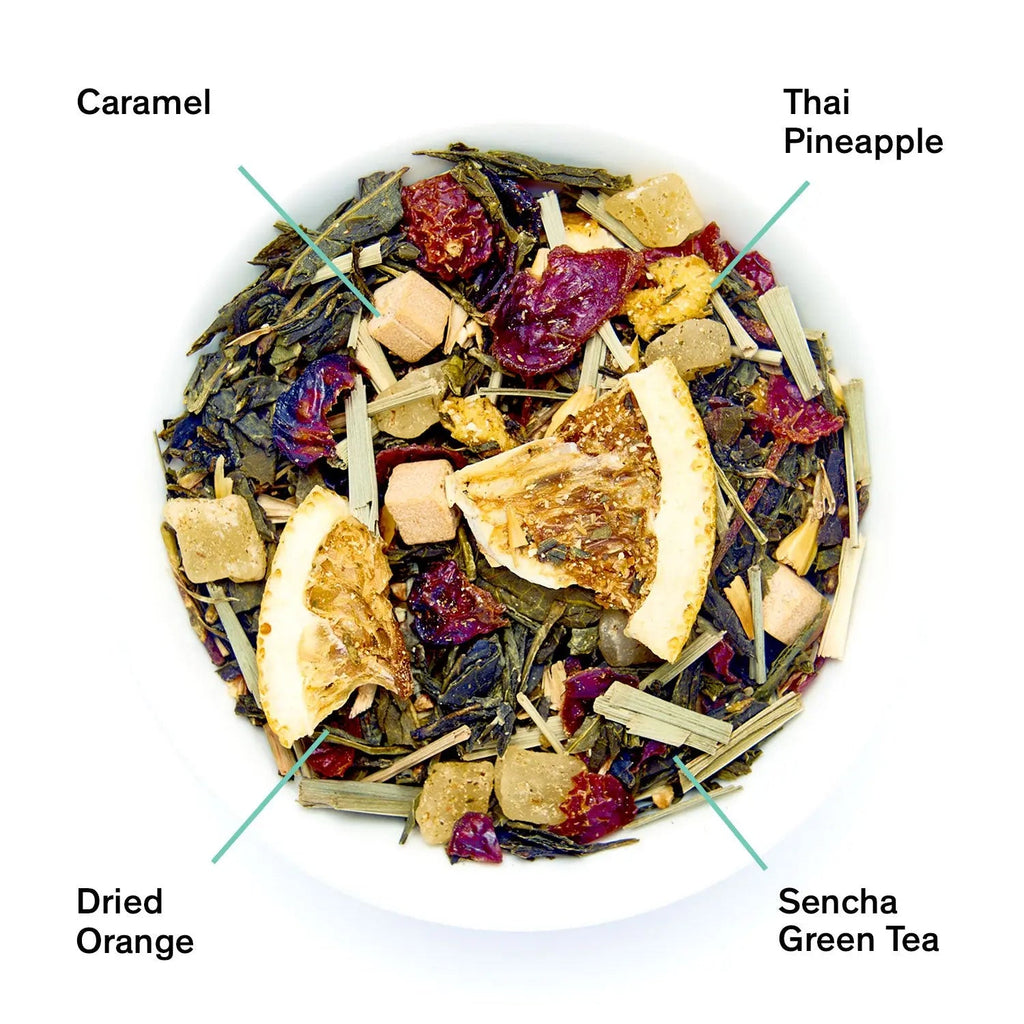 Close up overhead view of Big Easy tea blend featuring green tea leaves, dried pineapple, orange, and caramel pieces.
