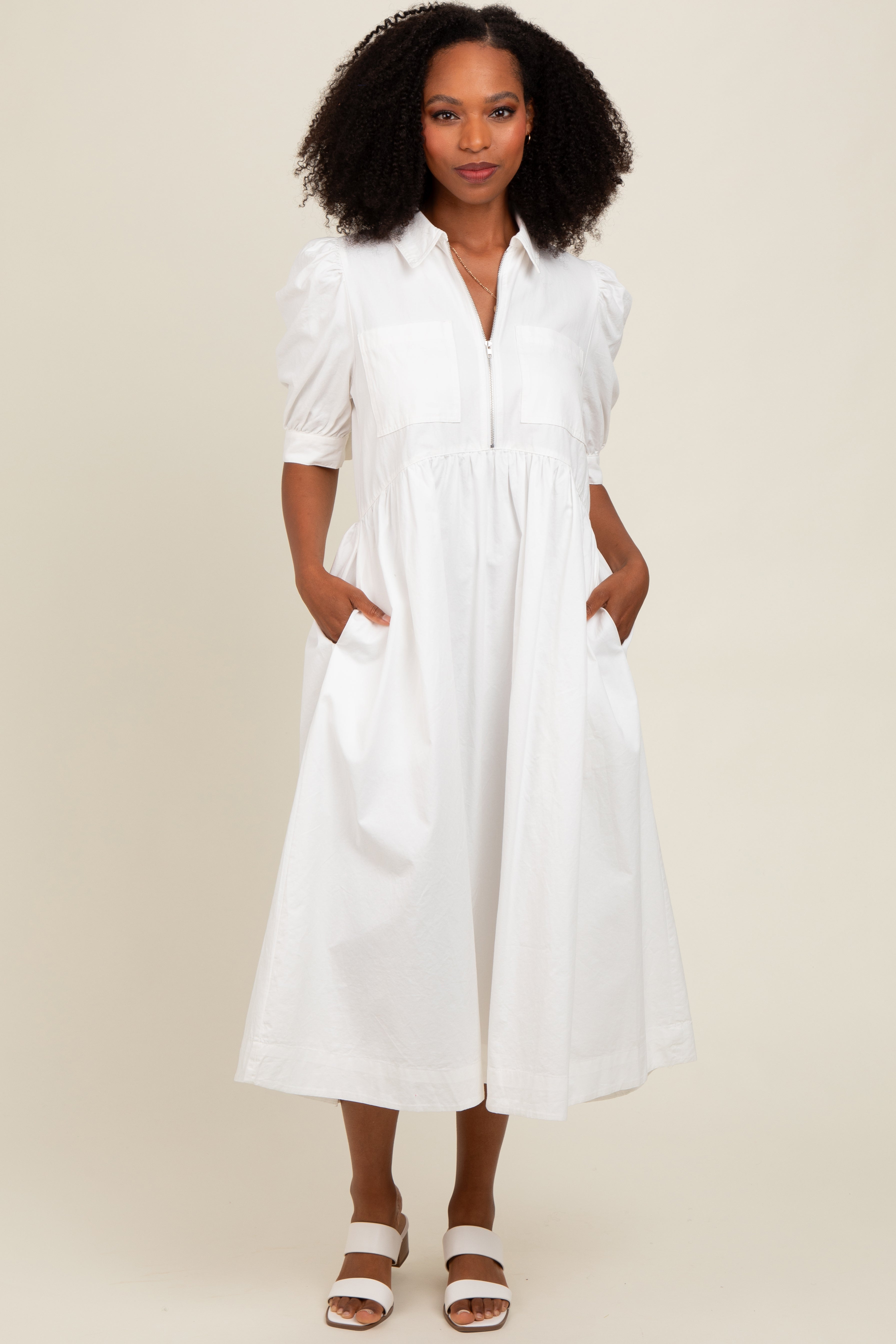 White Half Zip Midi Dress