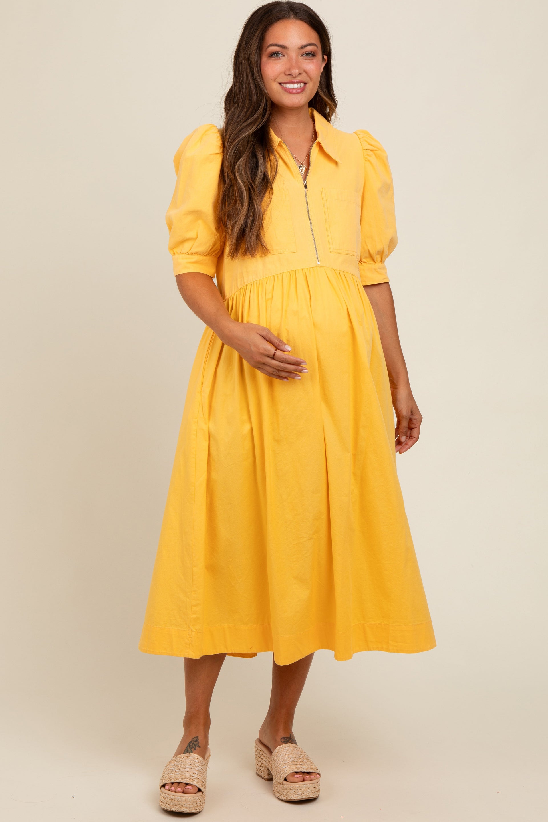 Yellow Half Zip Maternity Midi Dress with Puff Sleeves - Image 2