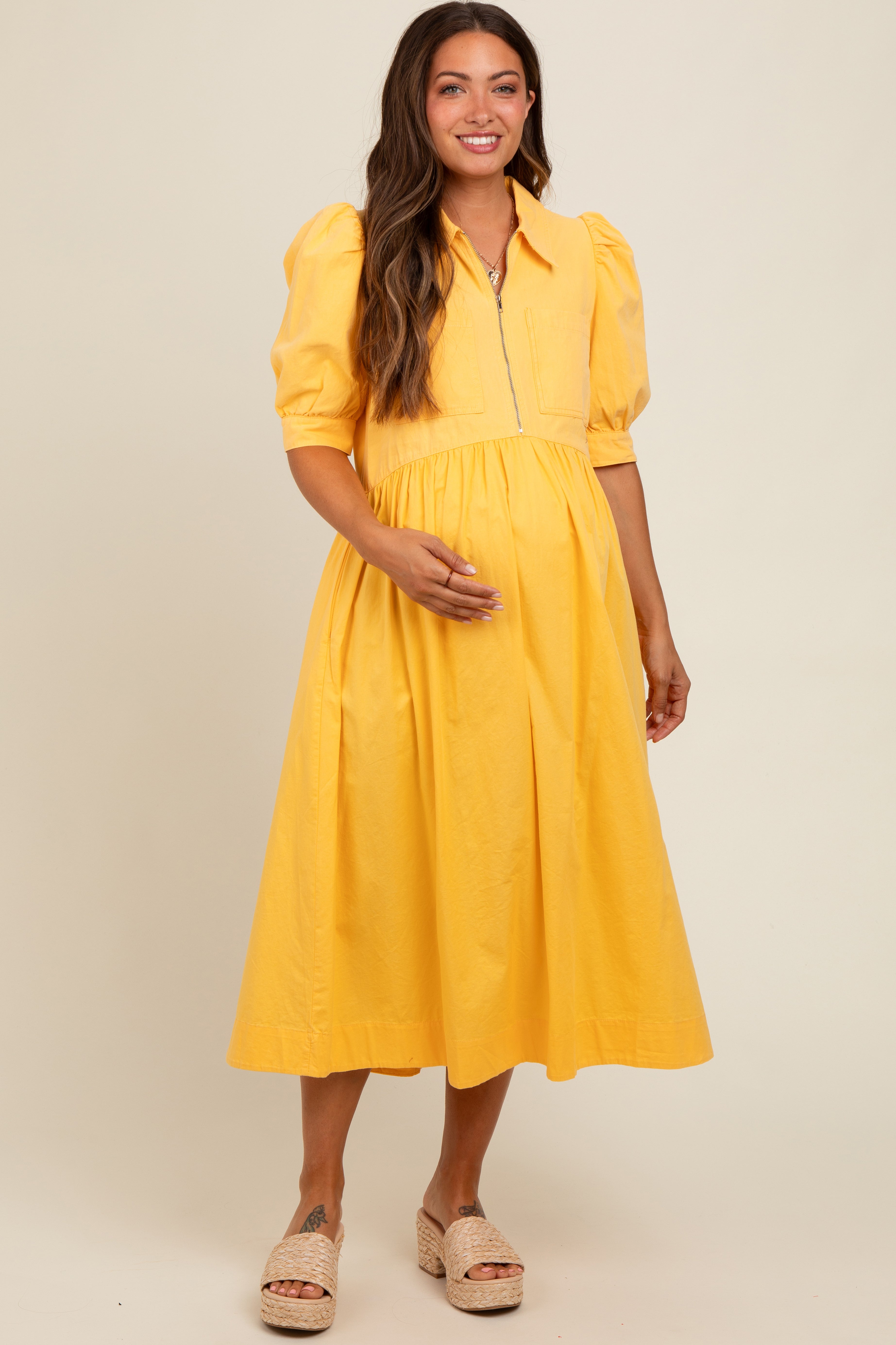 Yellow Half Zip Maternity Midi Dress with Puff Sleeves - Image 2