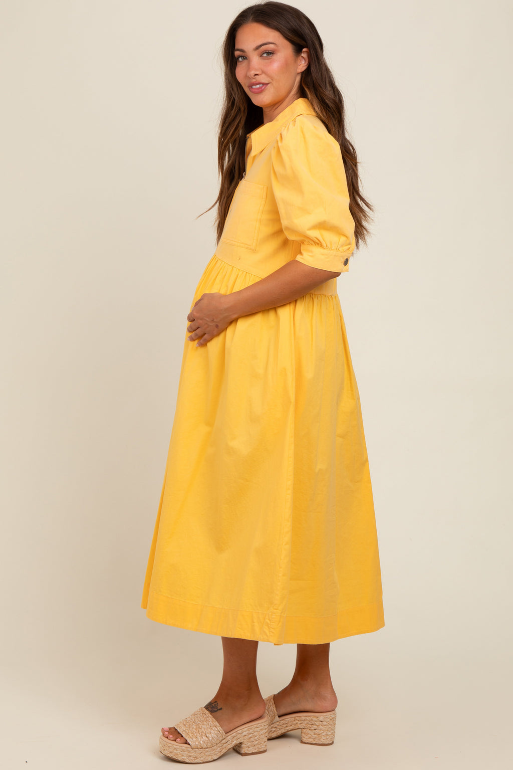 Yellow Half Zip Maternity Midi Dress with Puff Sleeves - Image 3