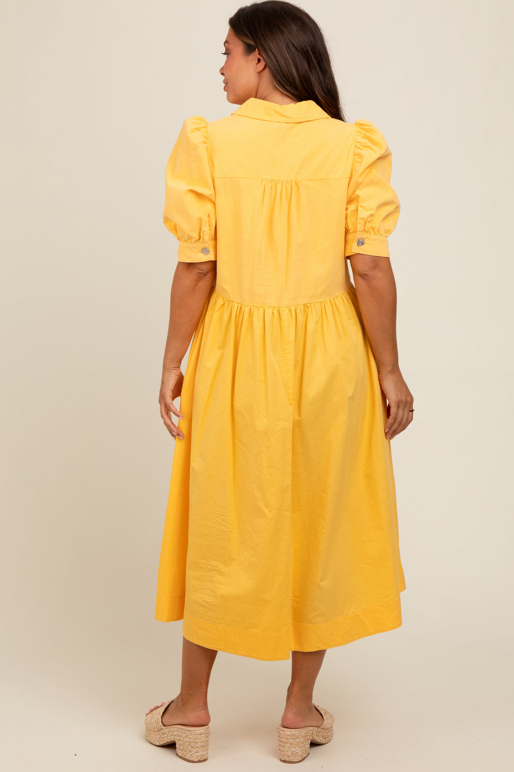 Yellow Half Zip Maternity Midi Dress with Puff Sleeves - Image 4
