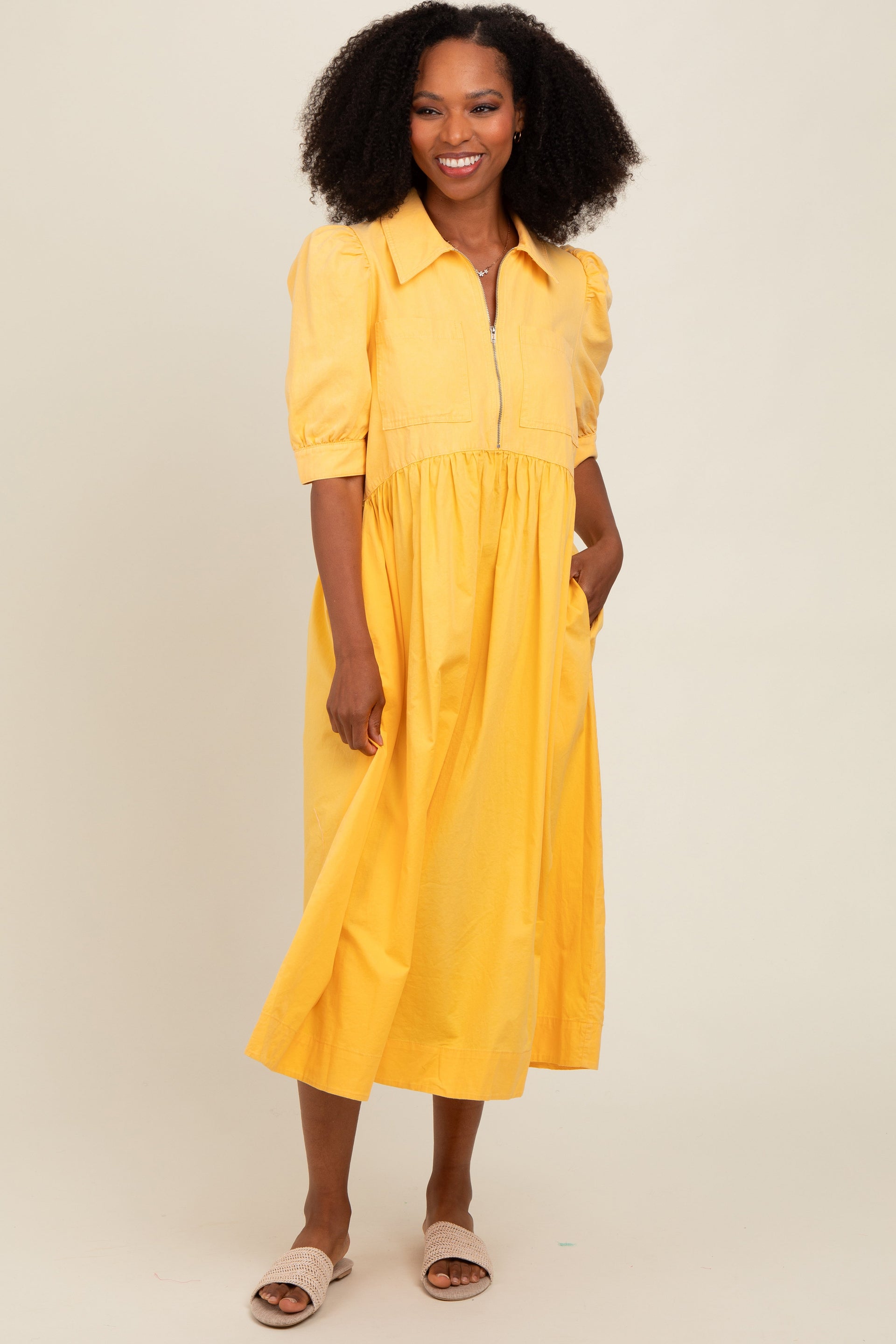 Yellow Half Zip Maternity Midi Dress with Puff Sleeves - Image 5