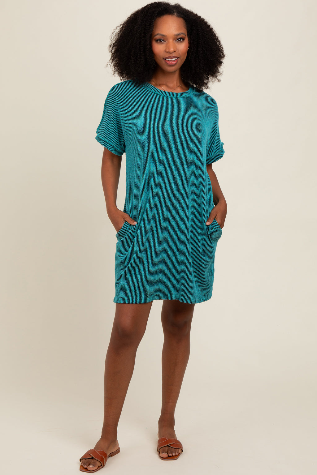 Relaxed fit women's striped ribbed knit dress with rolled cuffs in teal and black
