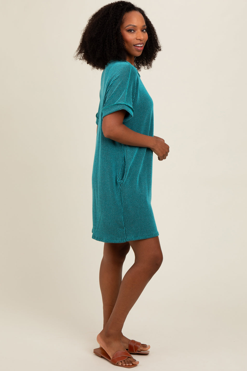 Women's Striped Ribbed Knit Dress with Rolled Cuff - Teal & Black