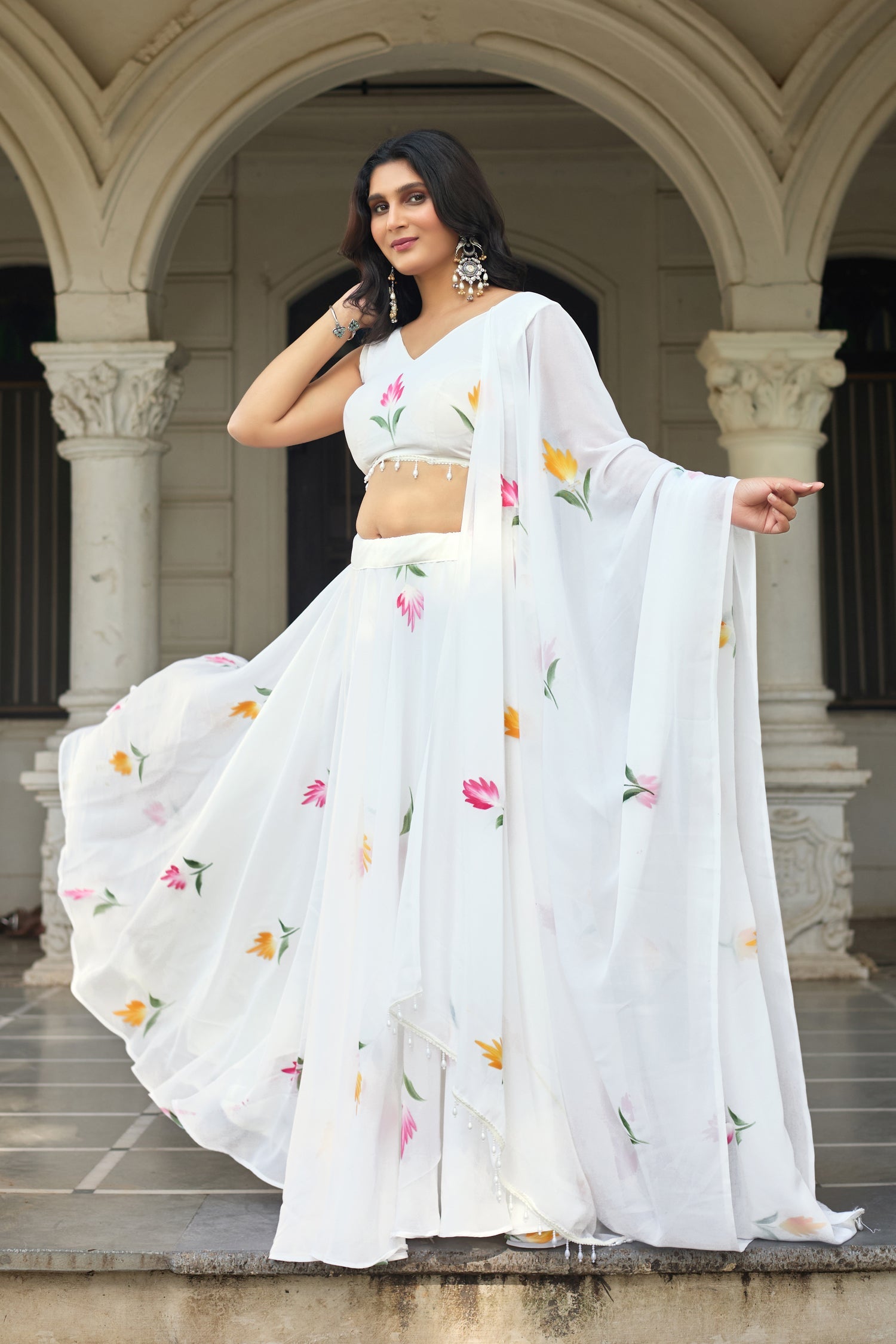 Floral Hand-Painted Georgette Lehenga Choli with Dupatta