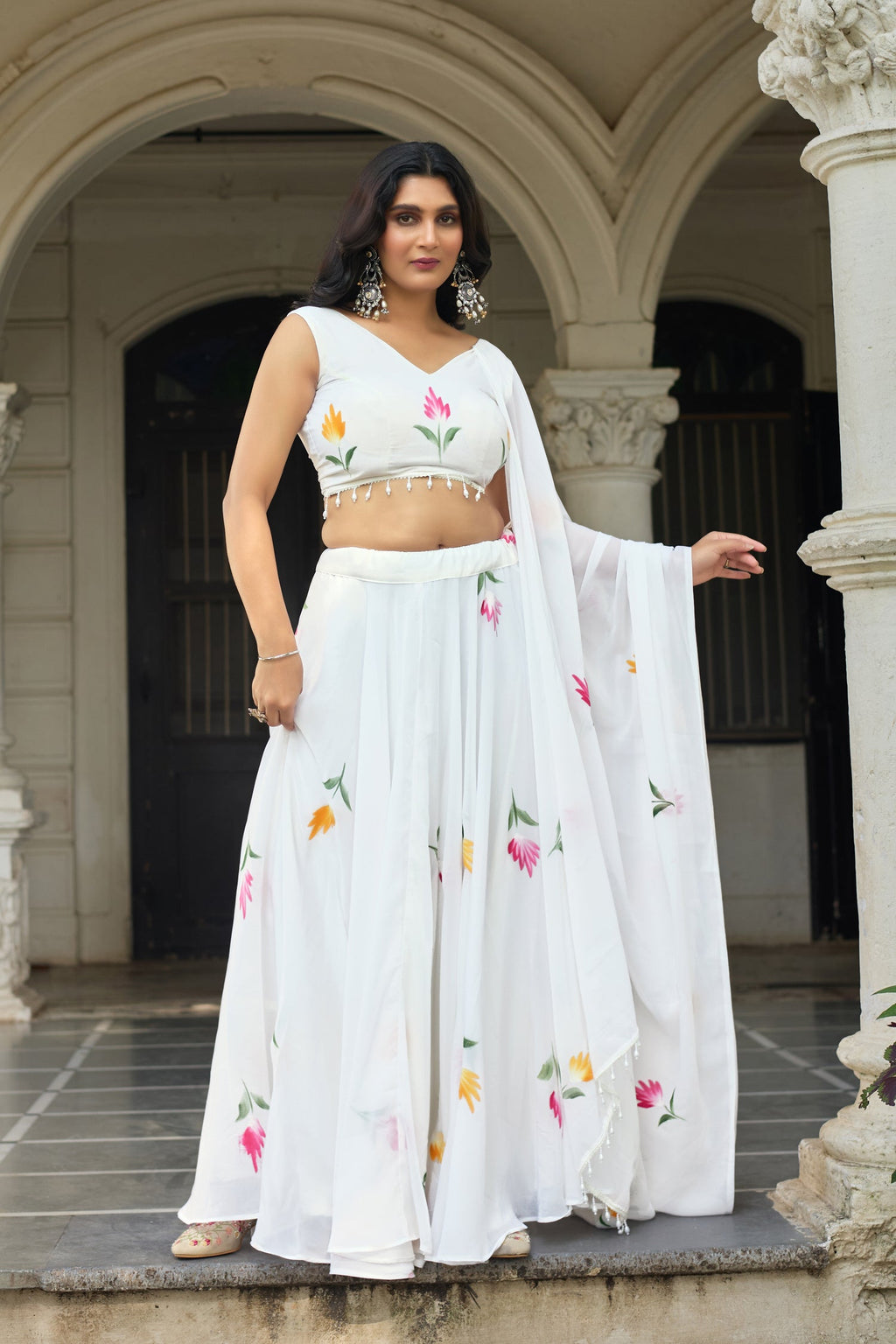 Floral Hand-Painted Georgette Lehenga Choli with Dupatta