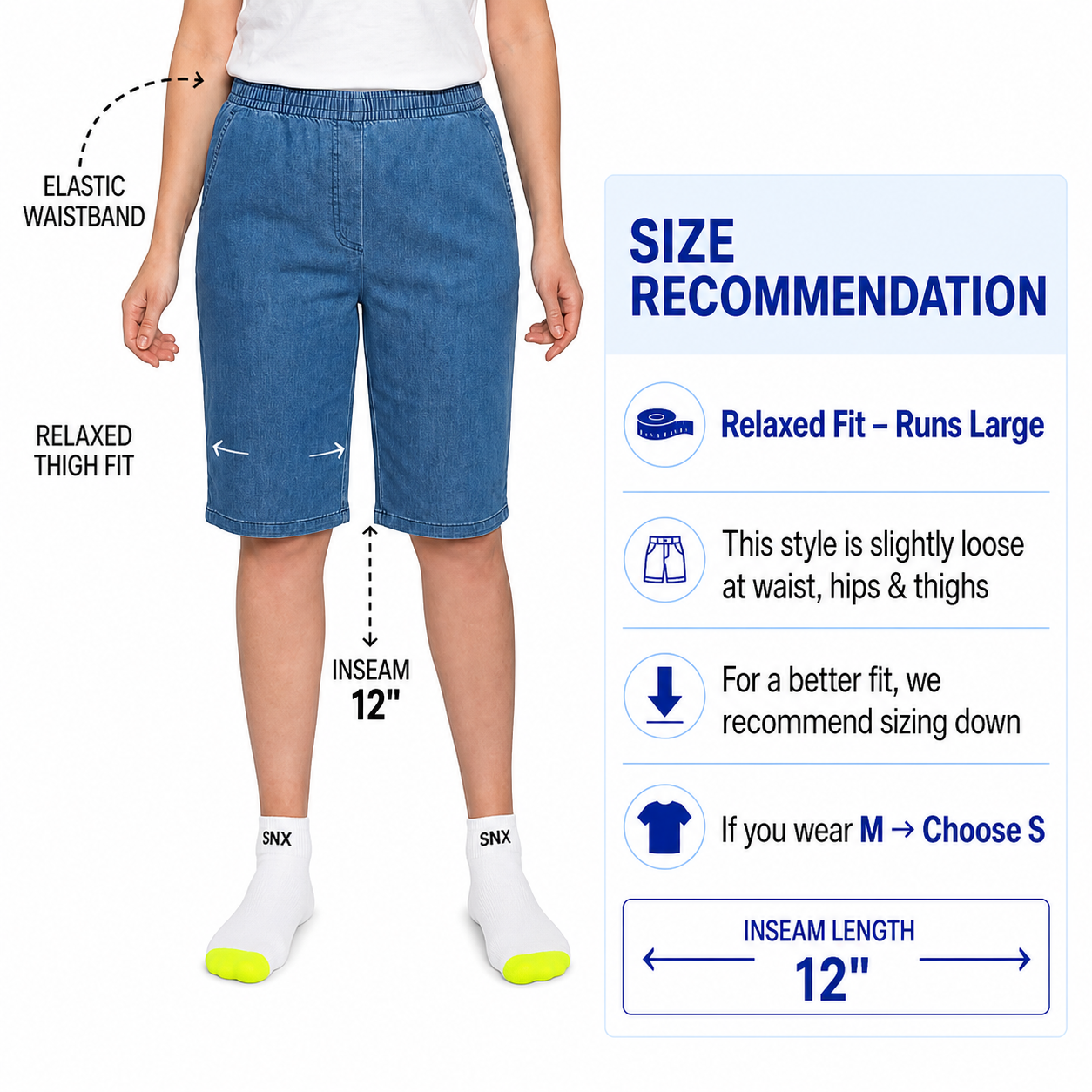 Women's Pull-On Bermuda Shorts in Denim and Twill - Stretch Fit