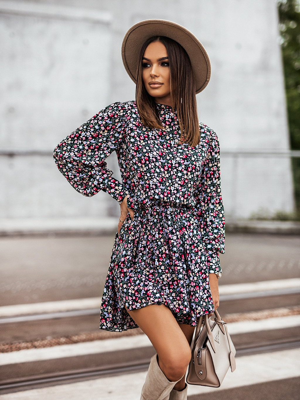 Women Summer Vacation New Printed Irregular Asymmetric Long Sleeve Dress
