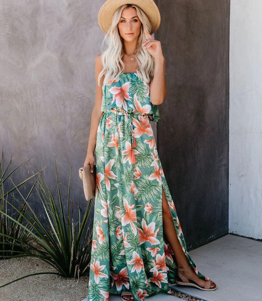 Women Summer Vacation New Tropical Rain Forest Print Shoulder Ruffled Split Dress