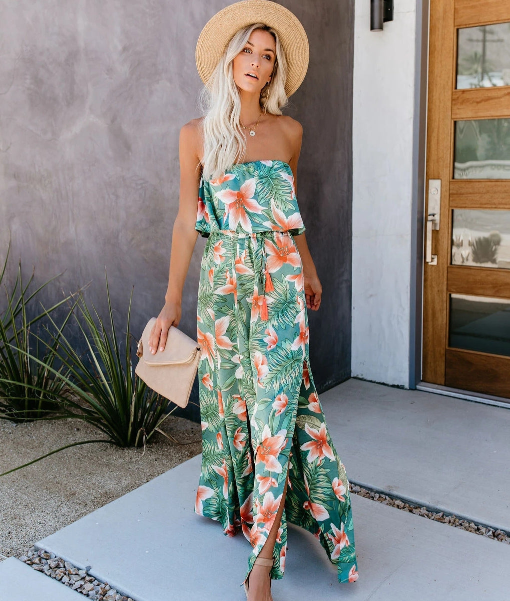 Women Summer Vacation New Tropical Rain Forest Print Shoulder Ruffled Split Dress