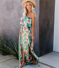 Women Summer Vacation New Tropical Rain Forest Print Shoulder Ruffled Split Dress
