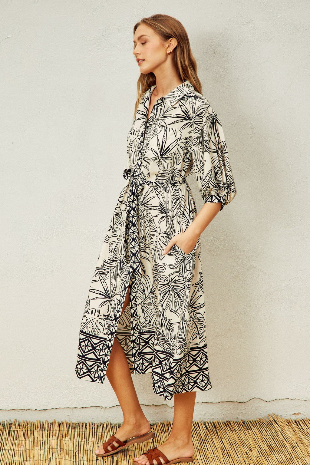 Black Tropical Print Button Down Shirt Dress