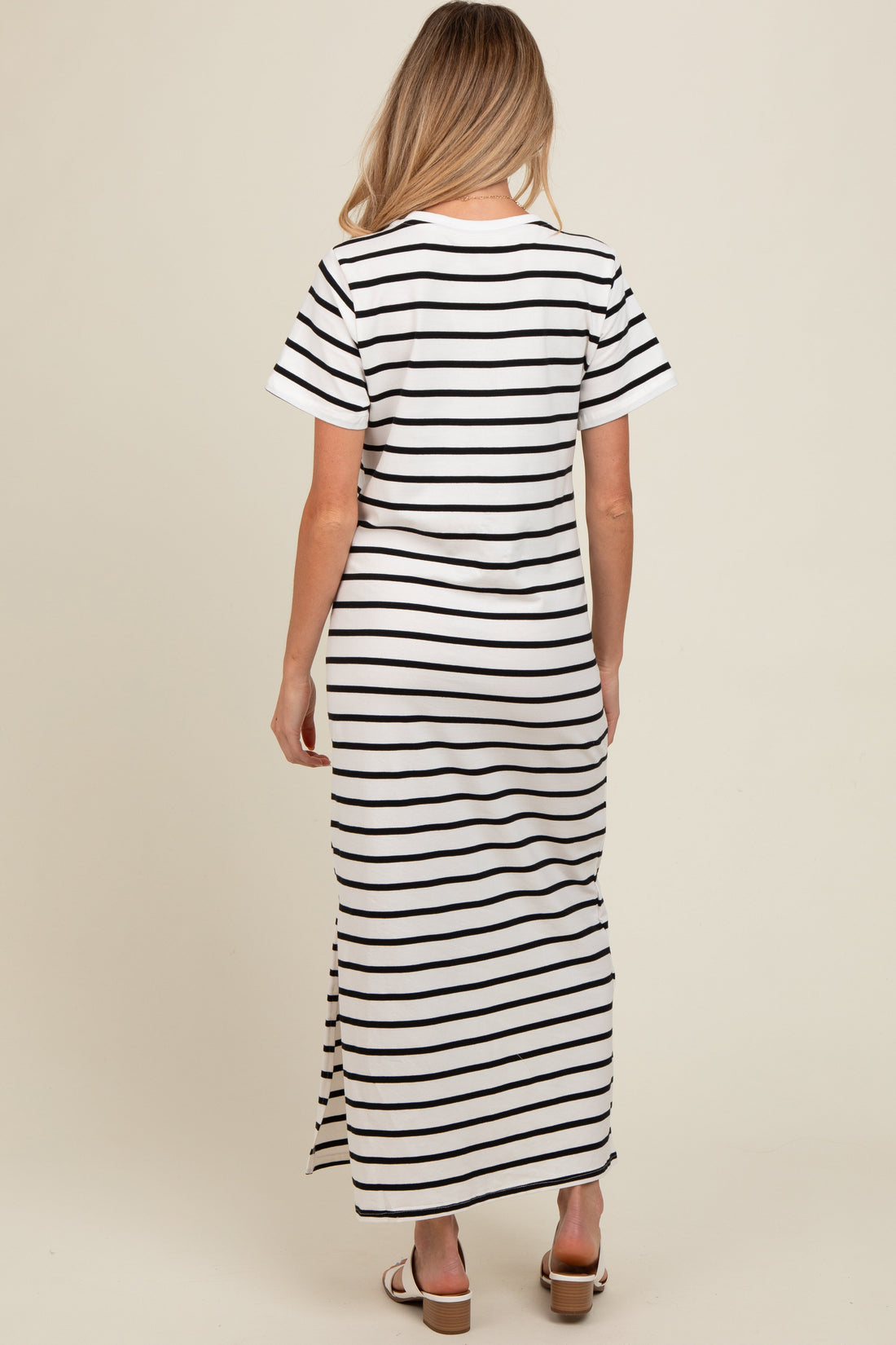 White Striped Side Slit Maternity Maxi Dress Casual Comfort