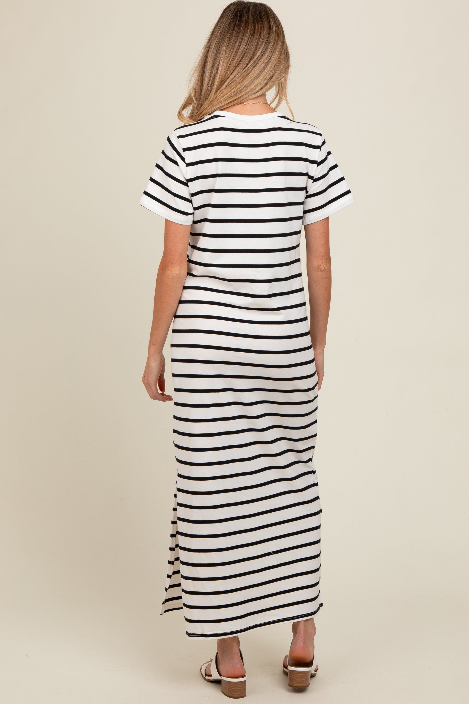 White Striped Side Slit Maternity Maxi Dress Casual Comfort