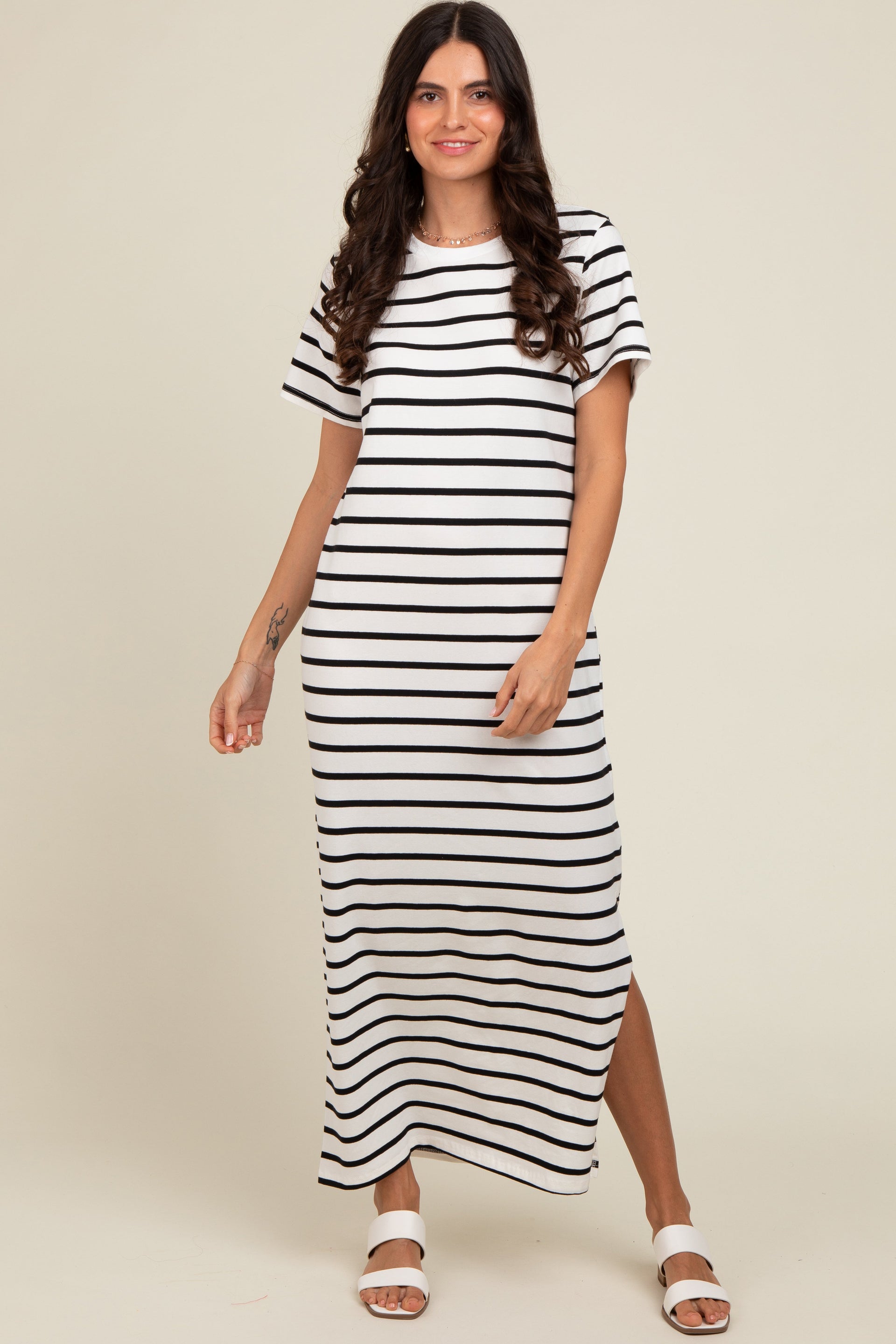 White Striped Side Slit Maternity Maxi Dress Casual Comfort