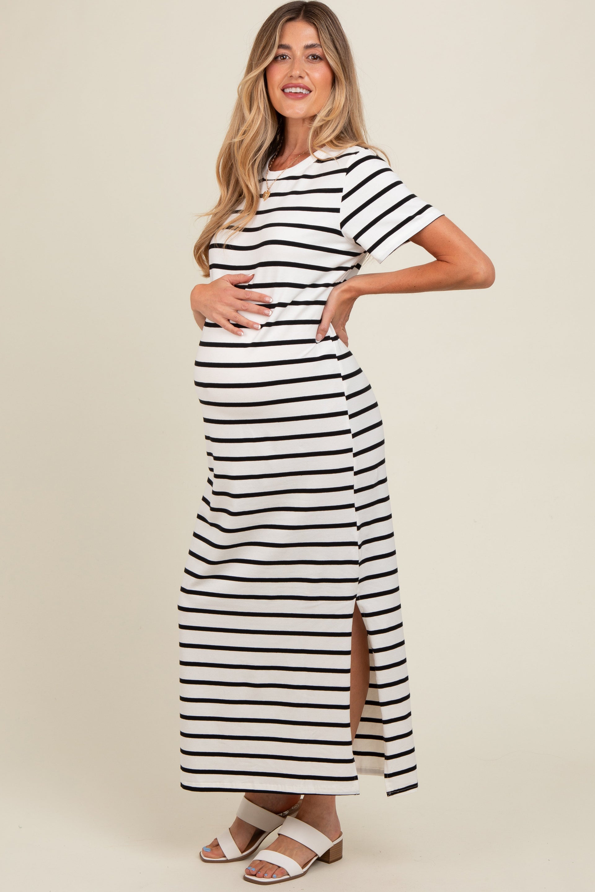 White Striped Side Slit Maternity Maxi Dress Casual Comfort