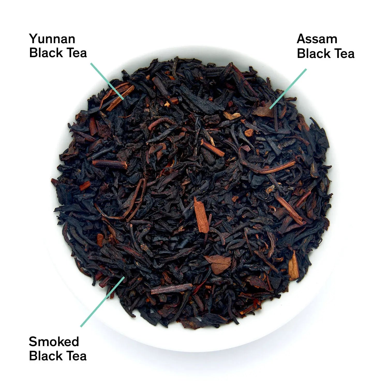 A pouch of Golden Arrow smoky toffee black tea next to a bowl of loose leaf tea blends.