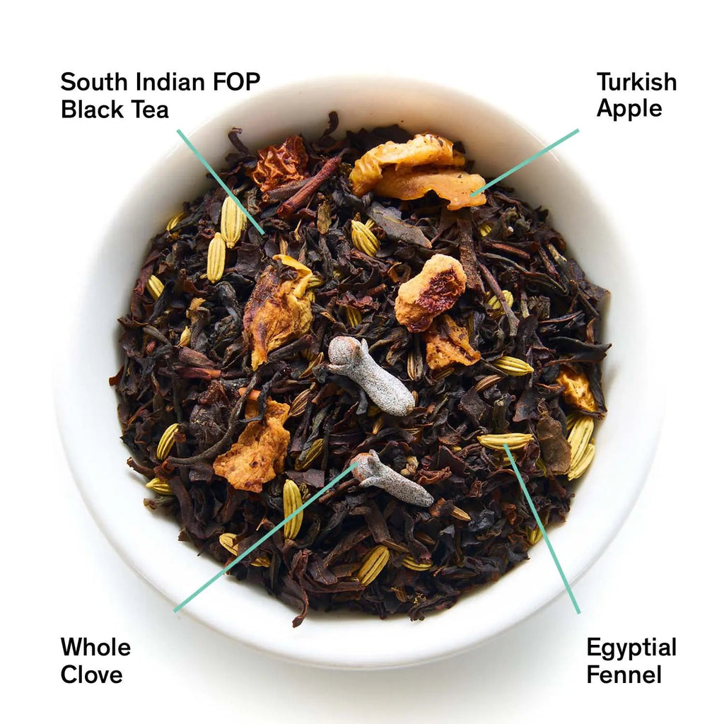 Close up overhead view of loose leaf Mackintosh tea blend in a white bowl with labels pointing to South Indian FOP black tea, Turkish apple, whole clove, and Egyptian fennel.