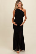 Black Ruched Mesh One Shoulder Maternity Maxi Dress with a side slit.