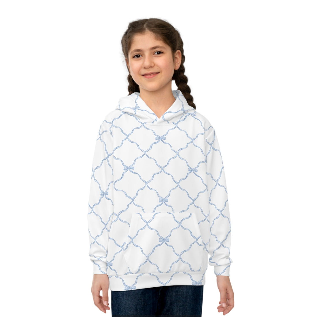 Youth Trellis Bow Hoodie in Light Blue Activewear Pullover - Image 3