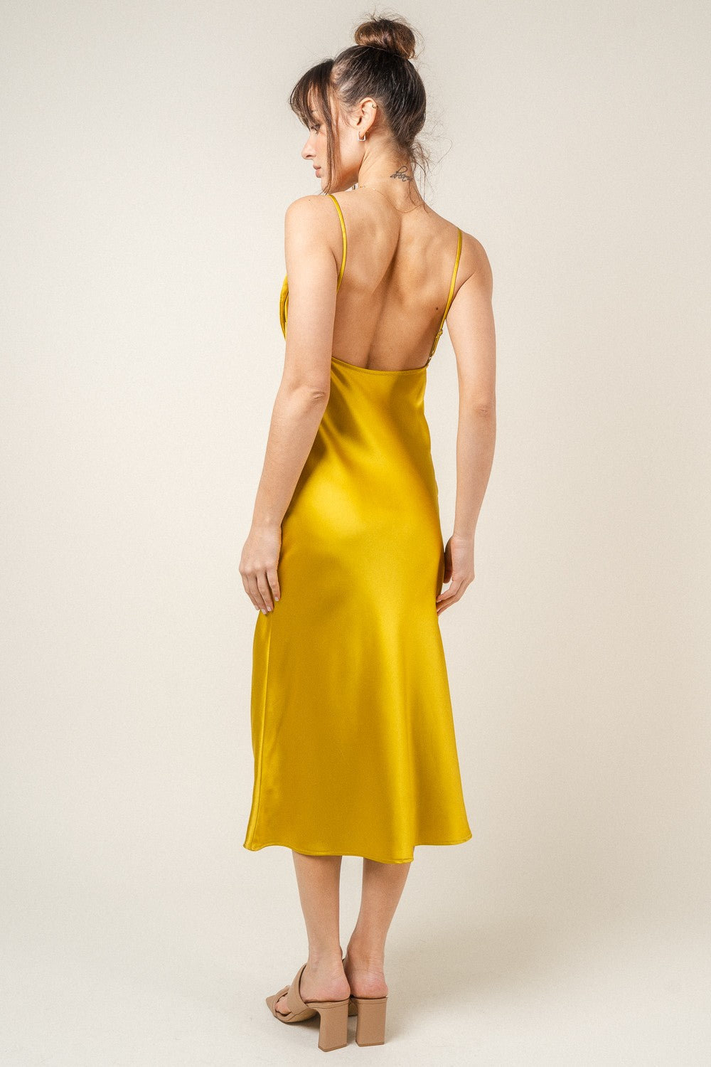 Yellow Bow Detail Satin Slip Midi Dress - Image 3