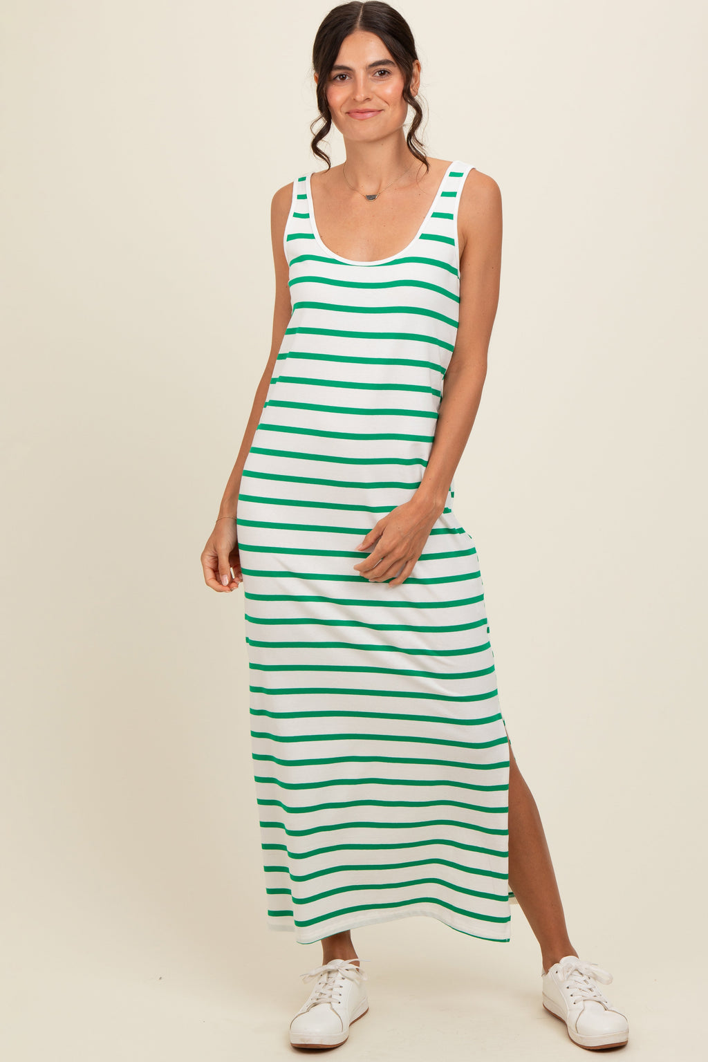Green Striped Sleeveless Side Slit Maternity Maxi Dress
