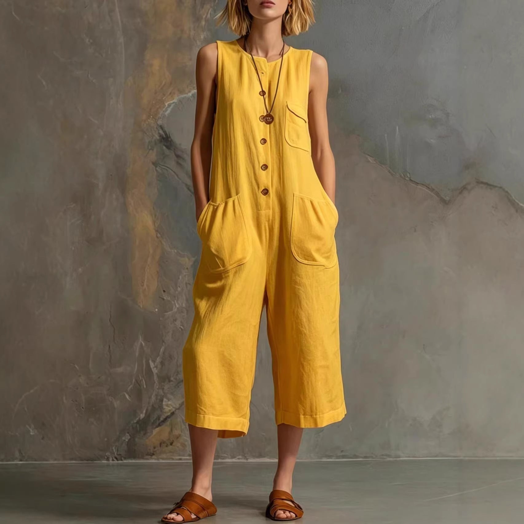 A woman wearing a yellow or blue sleeveless wide-leg cropped jumpsuit with a button-down front and large front pockets.