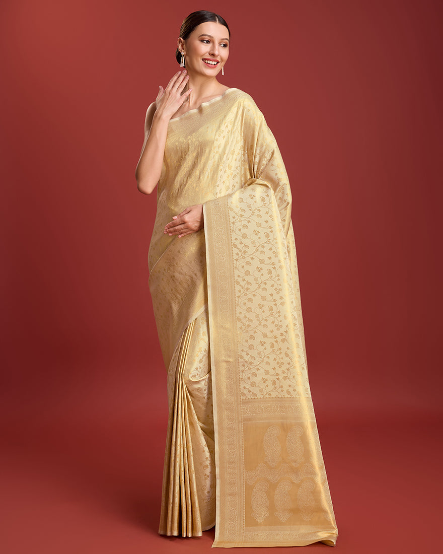 Golden Beige Kanjivaram silk saree with traditional weave
