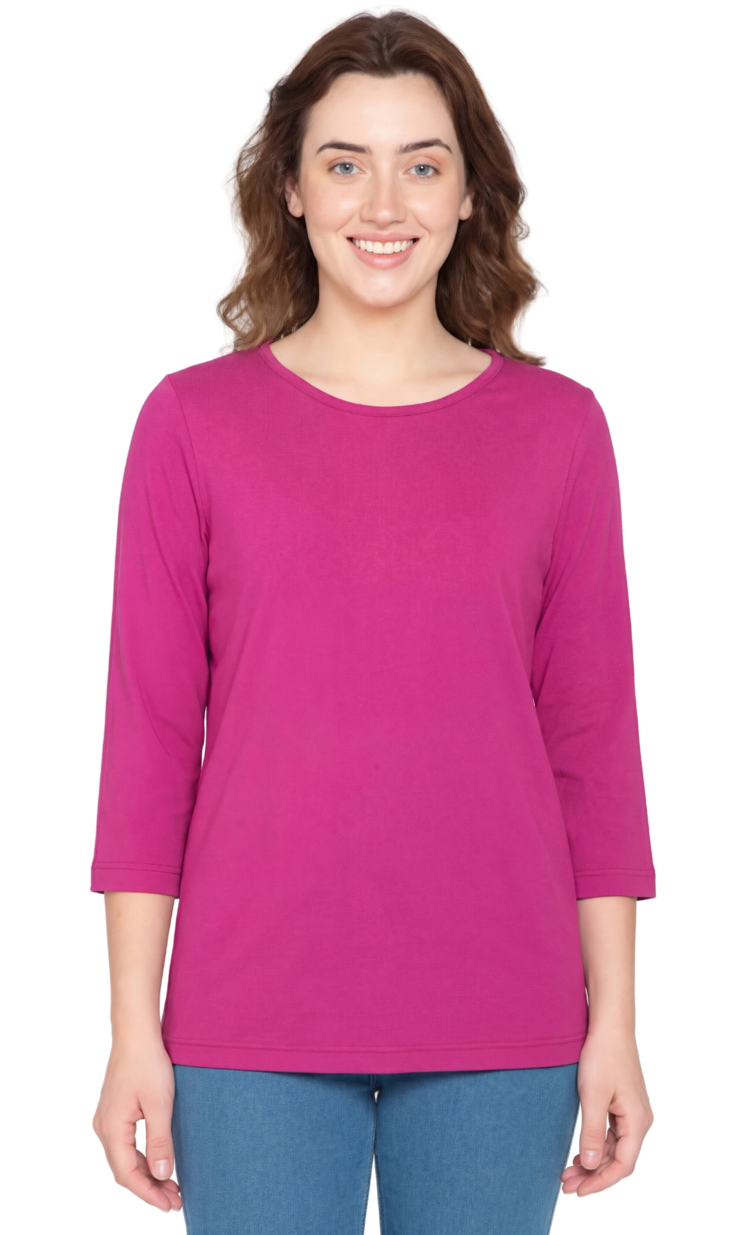 Women's 3/4 sleeve crew neck top in lavender made from soft jersey knit fabric.