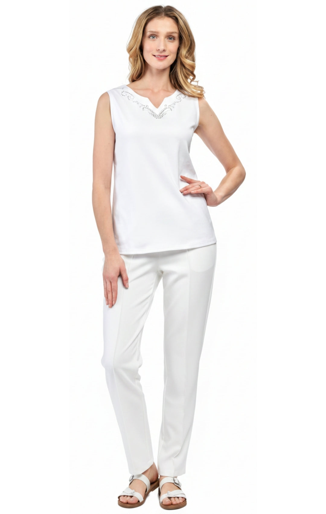 Women's Rhinestone Notch V-Neck Sleeveless Knit Tank Top