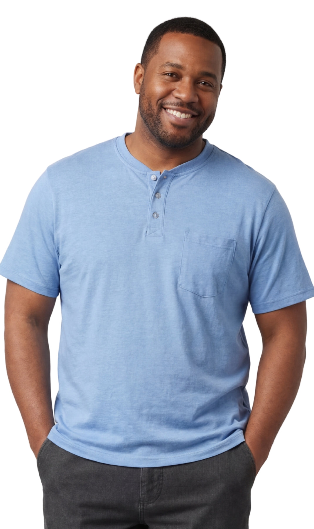 Men's short sleeve henley t-shirt with 3-button placket and chest pocket in blue, red, and grey.