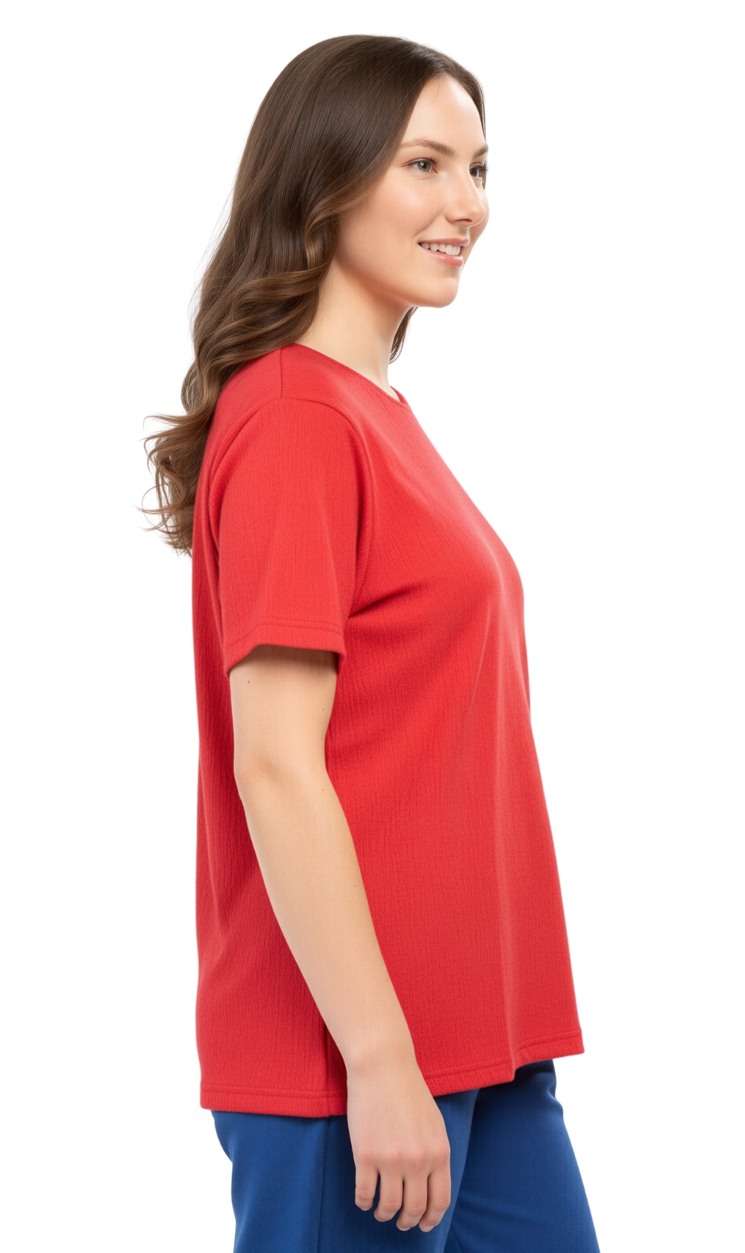 Women's Short Sleeve Textured Knit T-Shirt with Jewel Neckline