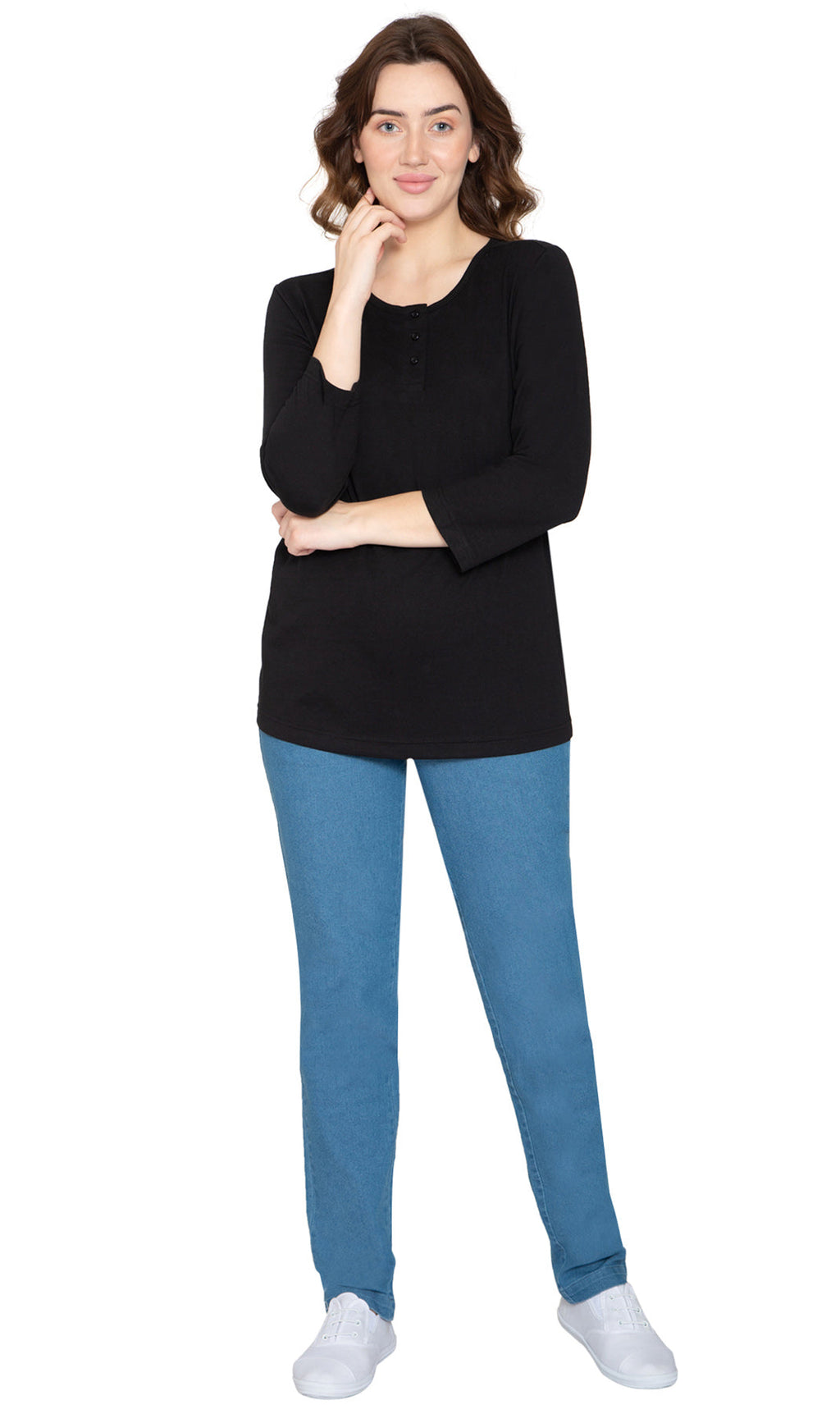 Women's 3/4 Sleeve Henley Top with Button Placket
